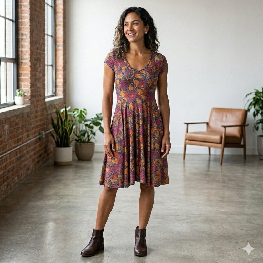 Peruvian Connection Isabel Dress S Pima Cotton Modal Floral Fit Flare V-Neck